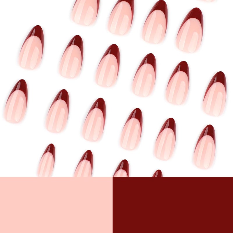 CTTHNBD Press on Nails Almond Medium - Wine Red French Tip Fake Nails - Glossy Full Cover Stick on Nails Press Ons - for Women Manicure 24 Pcs - Image 4